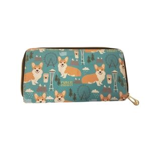Corgi Print Long Wallets Green Brown White Faux Leather Gold Zipper
